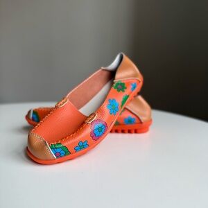 Venus Selia Leather Moccasins Soft Floral Slip-On Shoes Orange Comfortable 38
